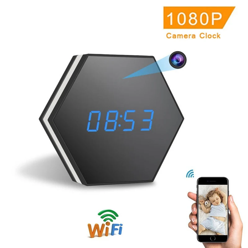 

Mini Camera Clock HD 1080P WiFi Camcorder Smart Mirror Clock with Night Vision Two-Way Audio Motion Detection Colorful LED light