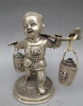 

home decor 7" Chinese Fengshui silver Wealth Boy Kid Ruyi carry a load Statue art sculpture