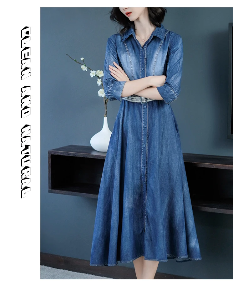 Dress Women Boho Long Denim Vestidos Half Sleeve A-line Blue Elegant Vintage Denim Jeans Dresses