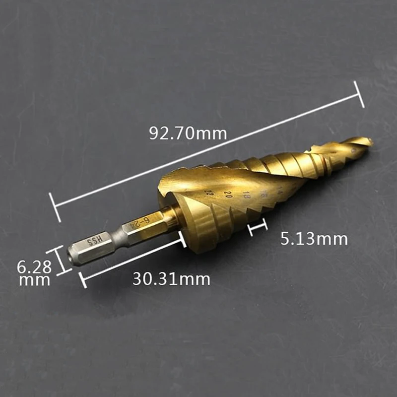 

OMY New HSS 6542 Spiral Grooved Step Drill Bits 1/4" Hex Shank Wood Metal Cone Drilling 6-24mm Hole Saw Multi Tool