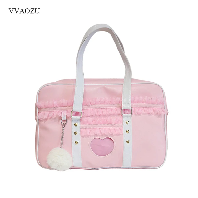 Best Price Japan Harajuku Kawaii Shoulder Bag Women JK Lace Ruched Handbag Lolita Transparent Heart Hand Bag with Plush Pendant