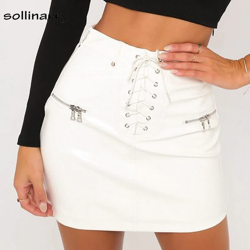 Sollinarry Сексуальная искусственная кожа Bodycon юбки женские на шнуровке и молнии