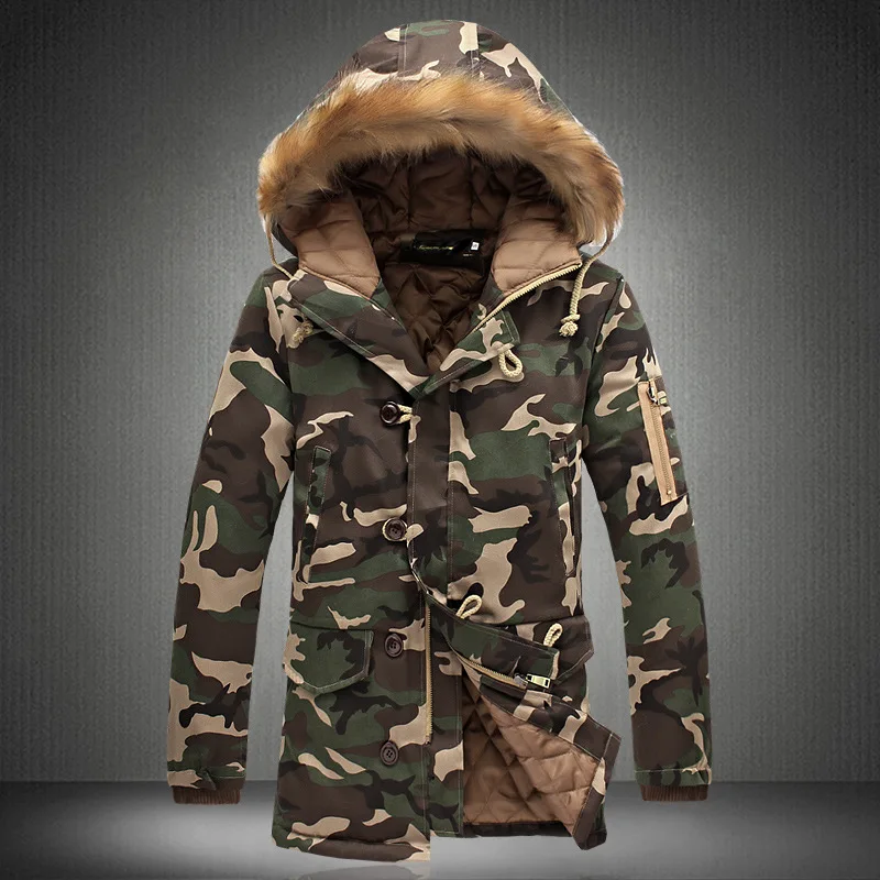 Male Fur collar Hooded wadded Camouflage Parkas Mens Military Medium long Winter Coat Thickening warm Cotton-padded Jacket - Цвет: army green