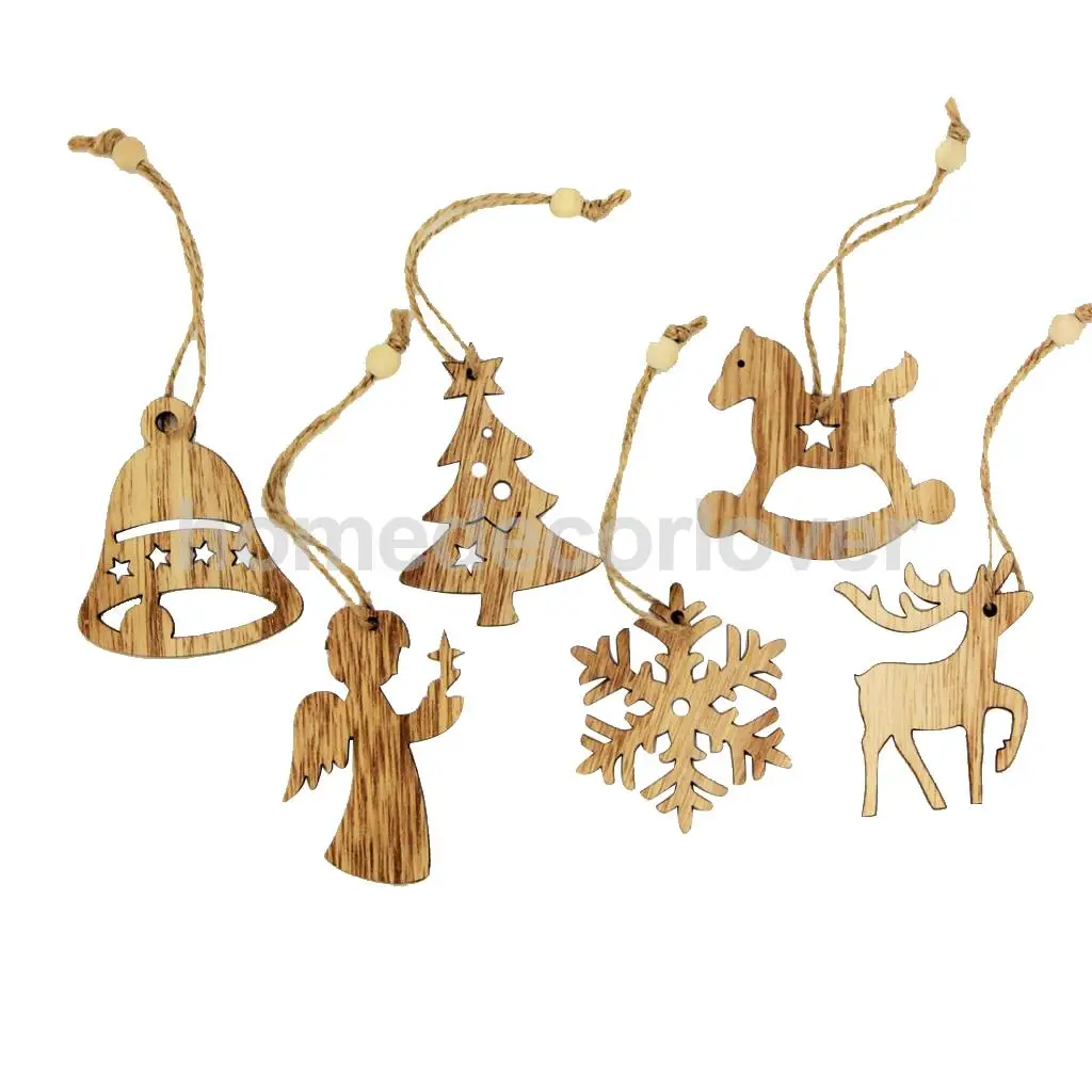 12 Pieces Assorted Wooden Shapes Christmas Tree Ornament Xmas Hanging Bell Snowflake Decoration Gifts Vintage Style