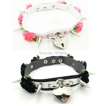 

Handmade Double Layered Leather Spikes Choker Necklace, Safe Heart Shaped Lock Key Collar Charm Necklace Pendant