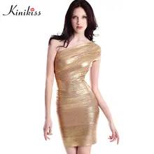 Kinikiss sexy women gold sequin bandage dress one shoulder elegant silvery party dress open back fashion women club dress brand