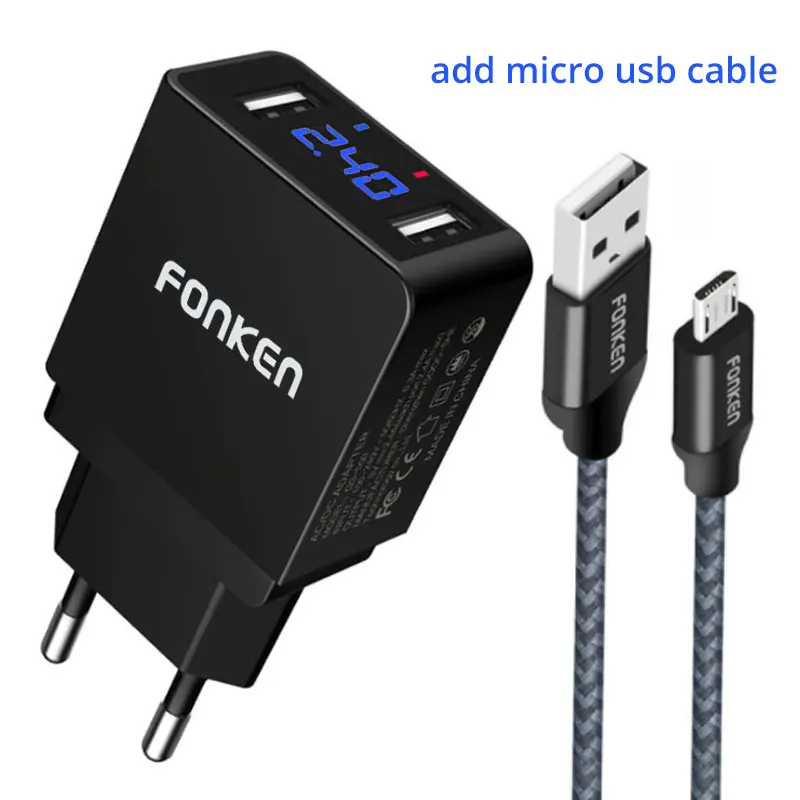 Светодиодный дисплей FONKEN, двойное зарядное устройство USB, макс. A, зарядка для телефона, умная быстрая зарядка, 2 порта, настенное зарядное устройство для мобильного телефона, адаптер - Тип штекера: charger add cable