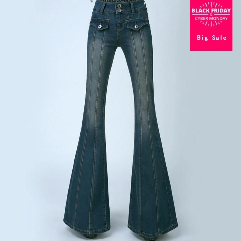 Большие размеры женские новые с высокой талией тонкие эластичные хлопковые расклешенные джинсы тонкие широкие брюки джинсы большого размера брюки wj721