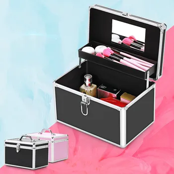 

New Professional Aluminum Makeup Case Portable Travel Jewelry Cosmetic Organizer Box With Mirror Beauty Vanity Brush Storage Bag