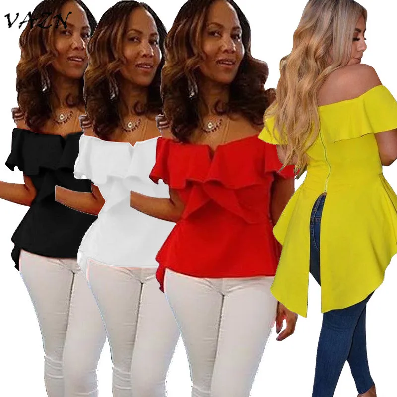 VAZN специальные Дизайн Новые популярные Повседневное Стиль Для женщин футболка одноцветное Slash шеи рябить короткий рукав Bodycon Футболка L0203