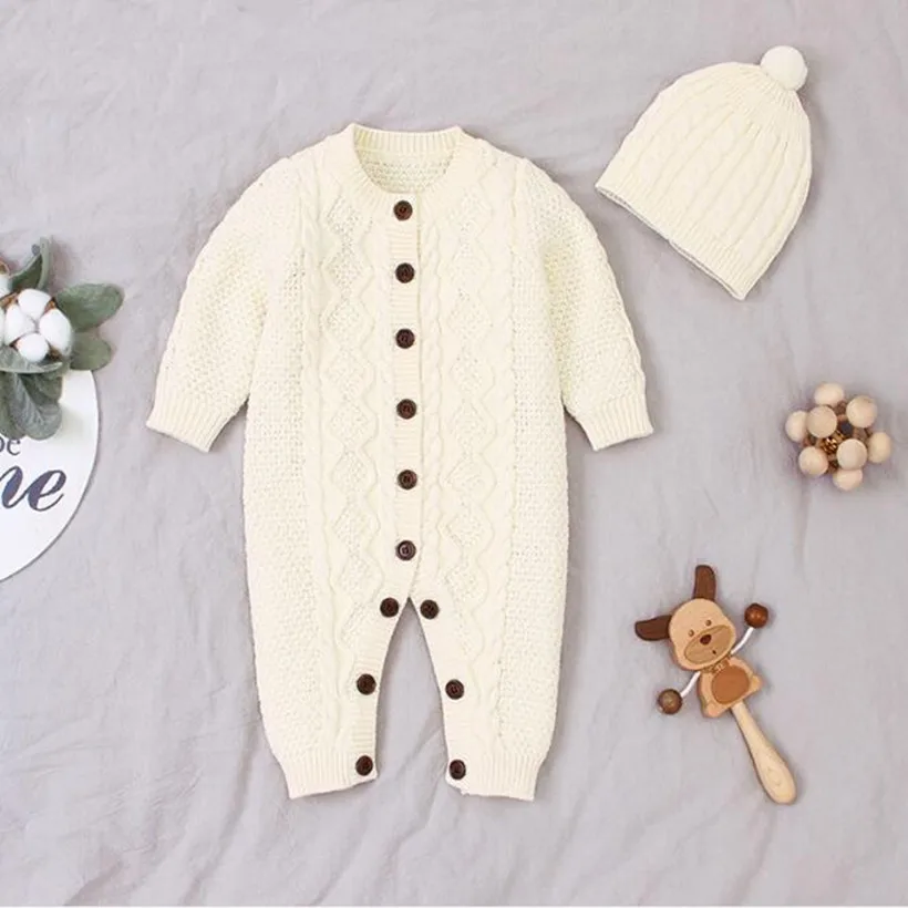 Newborn Baby Romper For Boys Cotton Knitted Baby Clothes Autumn Winter Toddler Clothes Long Sleeve Infant Jumpsuit With Hat