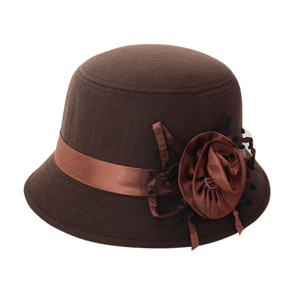 

Fashion Vintage Women Fedora Hat Imitation Woolen Flower Autumn Winter Keep Warm Bucket Cap Elegant Ladies Bowler Hats -