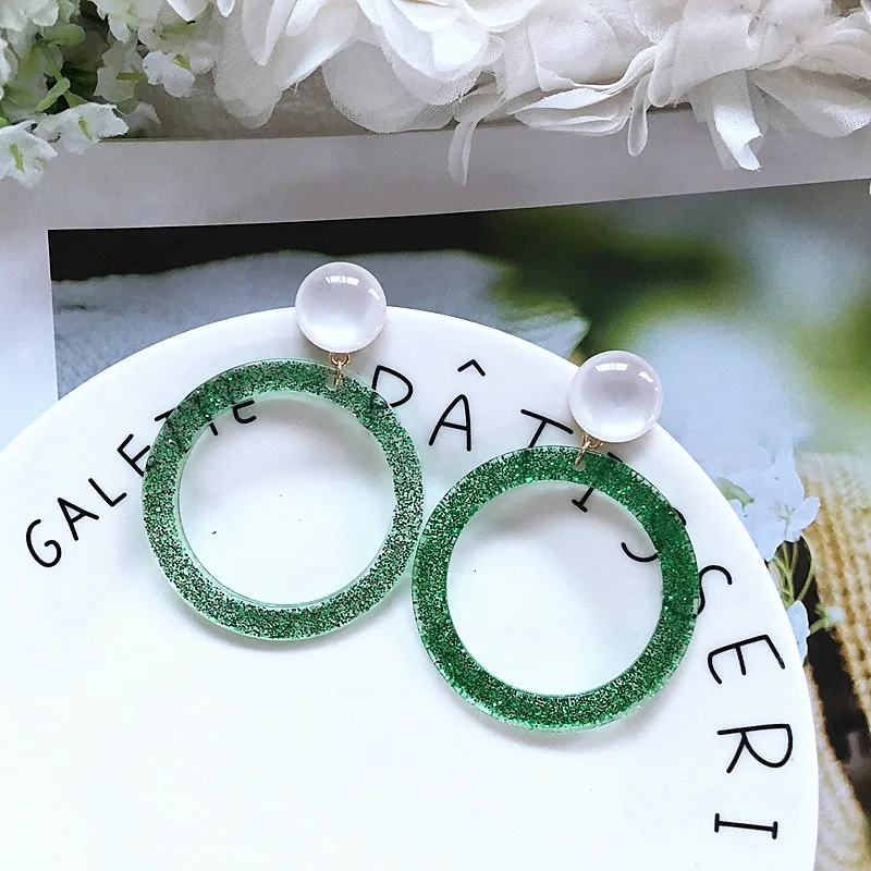 

UJBOX 2018 Japanese Korean Glitter Acrylic Earrings Women Yellow Green Summer Circle Statement Earrings Wholesale E509