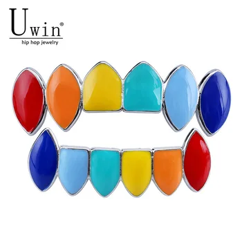 

UWIN Multicolor Grills Hip Hop Caps Top & Bottom Colorful Grills Set Canine Teeth Party Tooth Rapper Men Fashion Jewelry