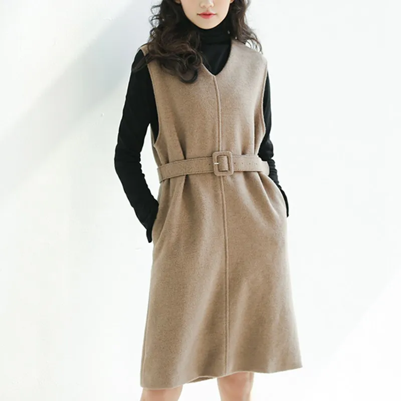 Mferlier Warm Winter Dresses Mori Girl V Neck Sleeveless Sashes Solid