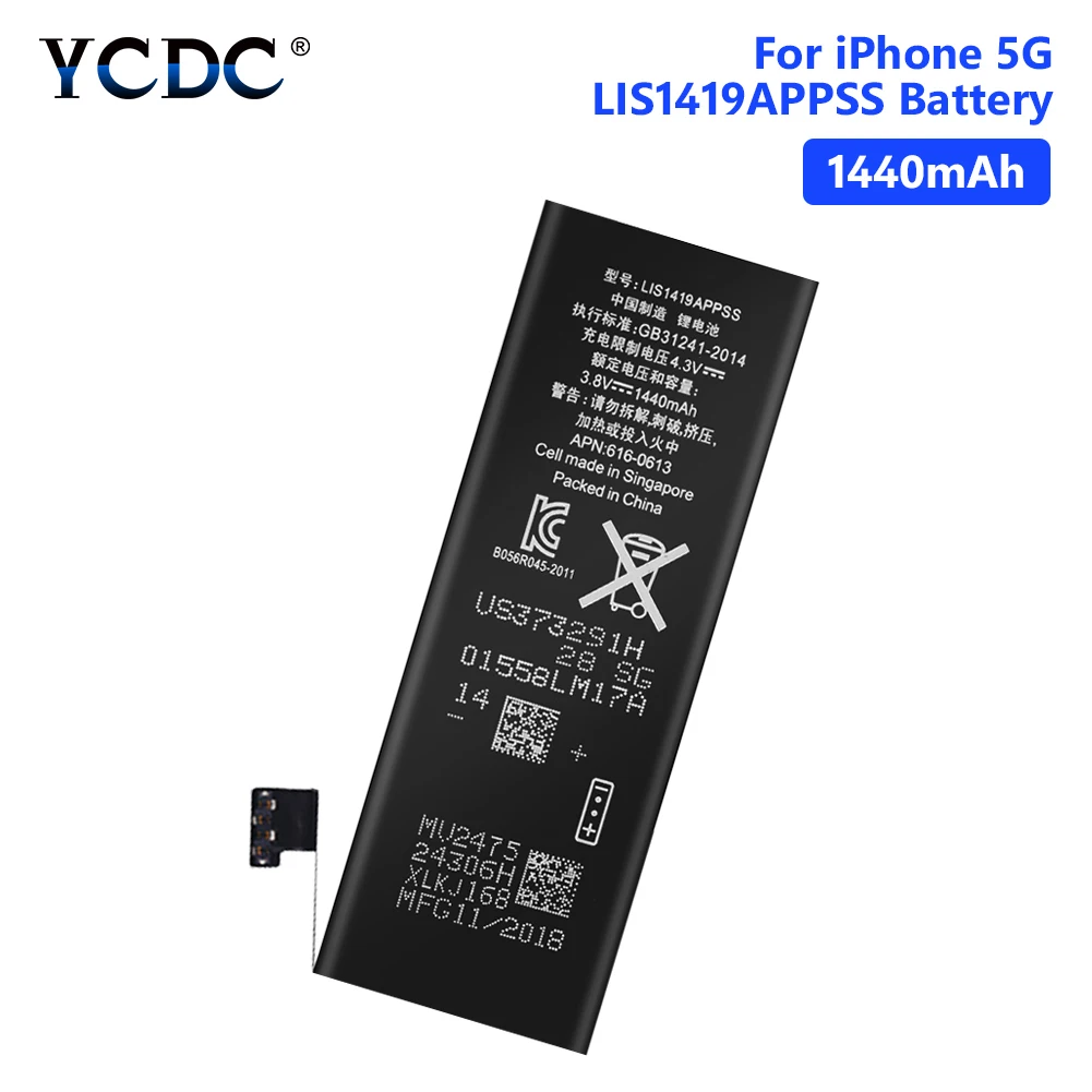 

YCDC 3.8V 1440mAh Li-ion Battery For Real iPhone 5 5G iPhone5 iP5 Rechargeable Lithium Polymer Mobile Phone Bateria Batteries