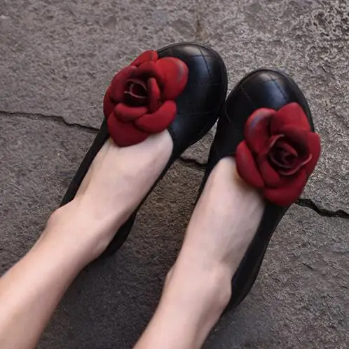 

Artmu Flowers Women Shoes Vintage Handmade Leather Shoes Woman Female Mother Shoes Wedges Retro Fashion 4 cm Wedge Gift