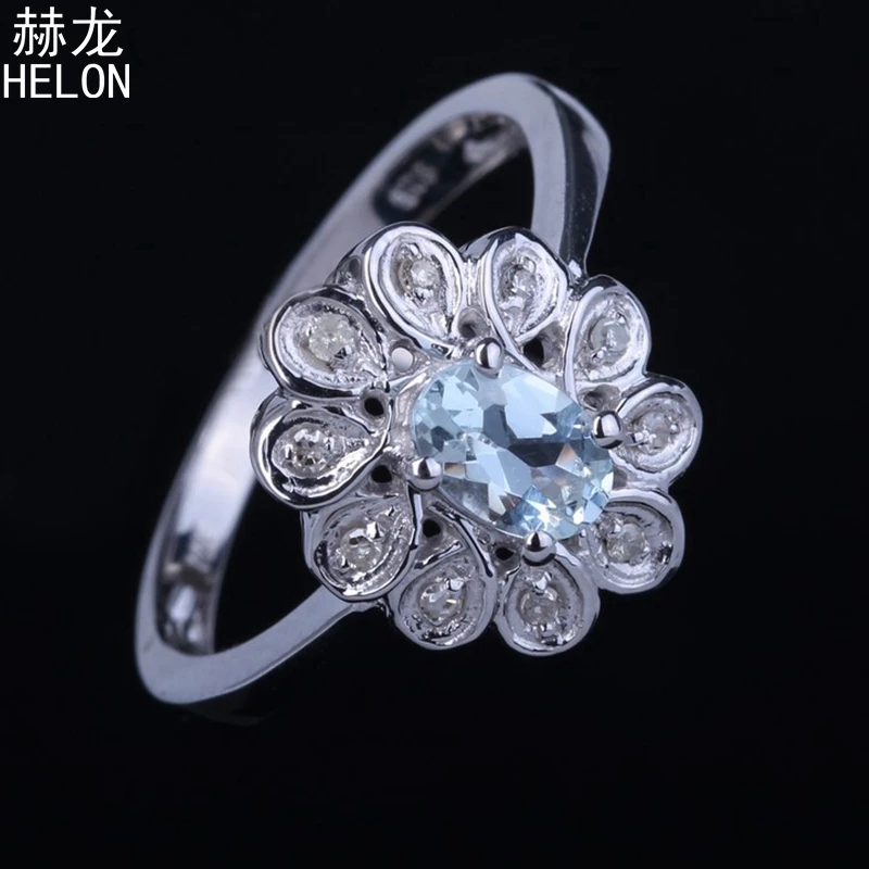 

925 Sterling Silver 4x6mm Oval 100% Genuine Aquamarine Engagement Wedding Solitaire Accents Diamond Jewelry Women Ring wholesale