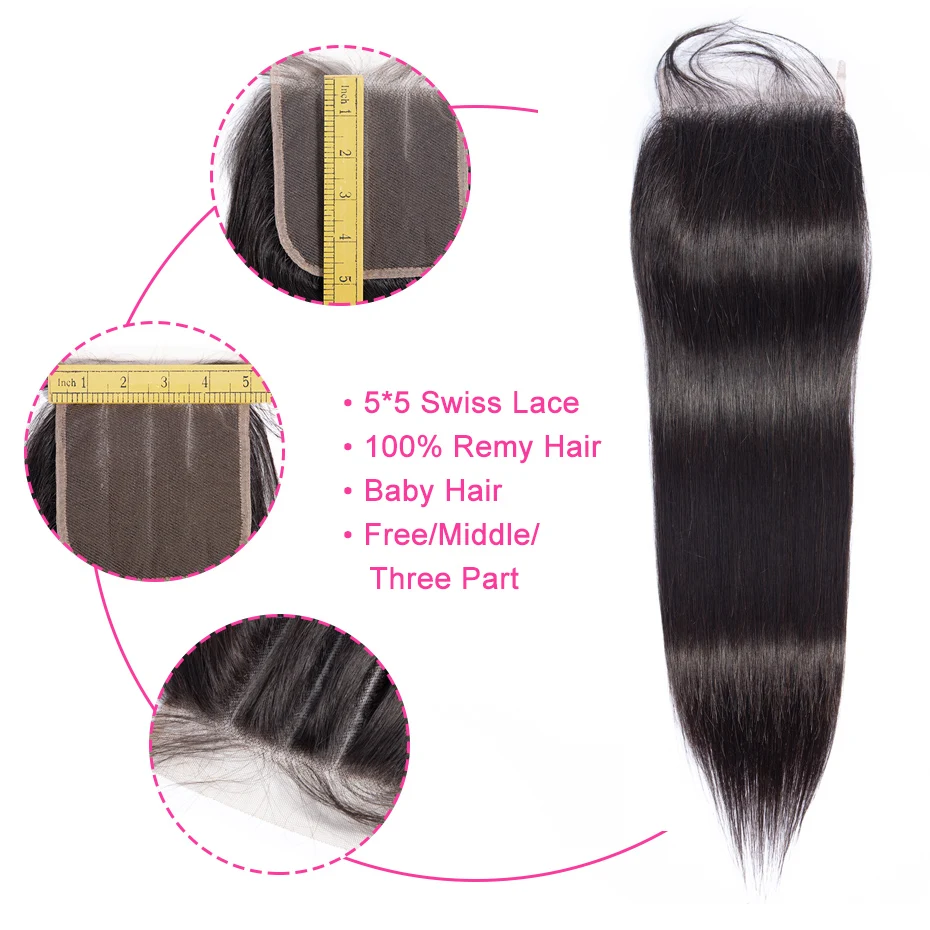 Gabrielle бразильские прямые волосы 3 пучка с кружевной застежкой натуральный цвет 5x5 Закрытие С пучки волосы Remy наращивание