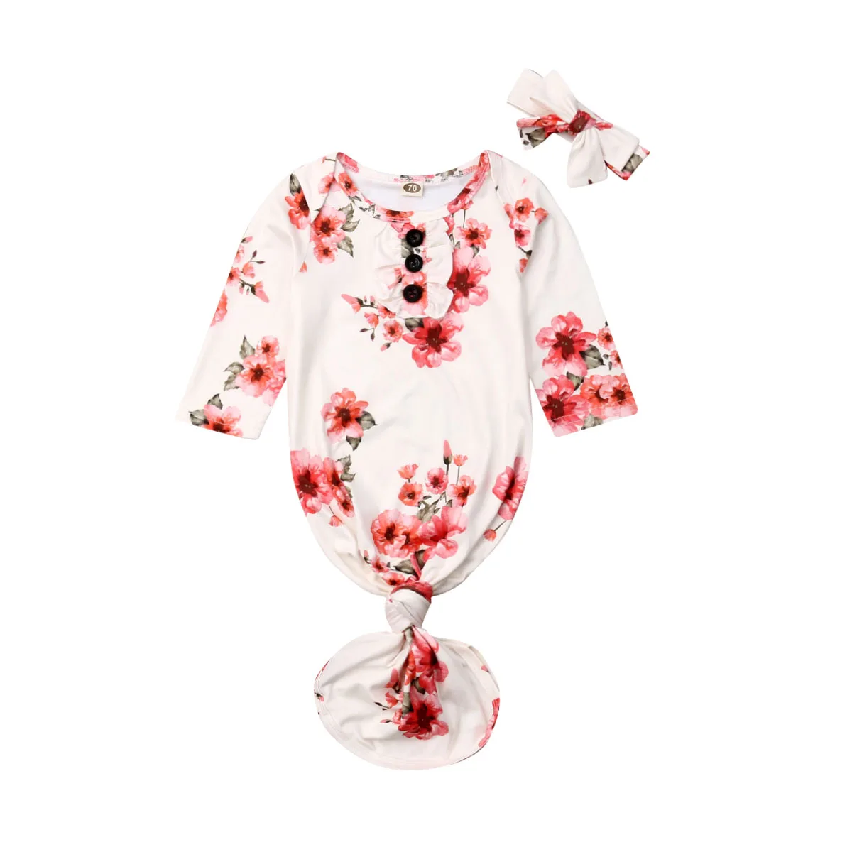 Спальный мешок с цветочным принтом для новорожденных девочек, пеленка для сна+ повязка на голову, комплект для малышей 0-12 месяцев, спальные мешки, комбинезоны, одежда - Цвет: Розовый