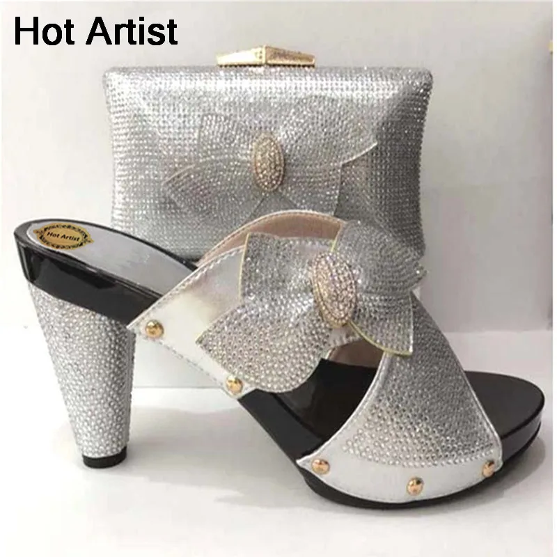 

Hot Artist New Arrival Summer Silver Shoes And Matching Bags African High Heels Wedding Shoes And Bag Set Free Shipping TX-222