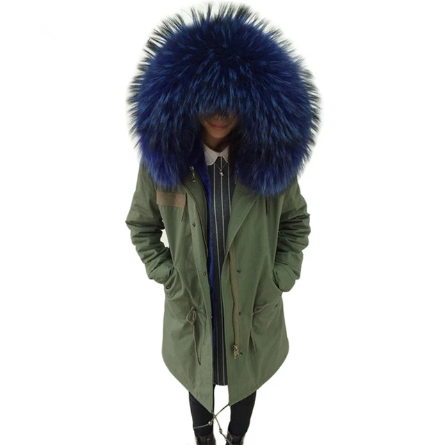Cheap Women Fashion Genuine Raccoon Fur Collar Hooded Jacket 2016 Winter Warm Thick Army Green Parkas Ladies Long Coat Good Quality