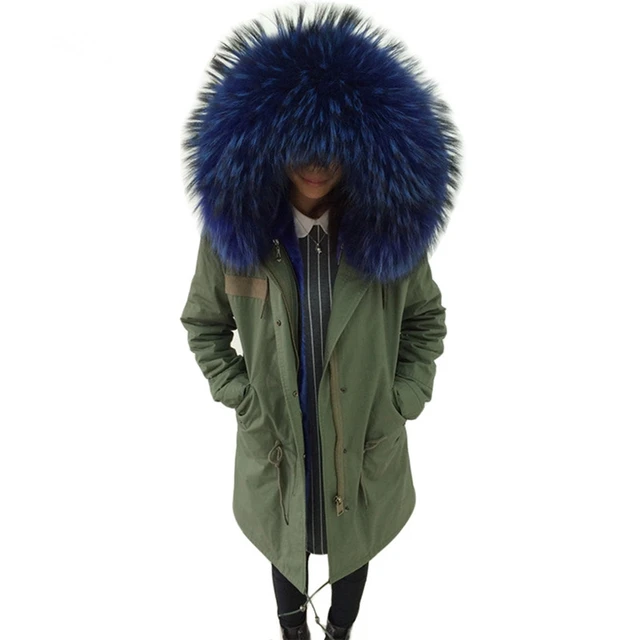 Best price at $180 Cheap Women Fashion Genuine Raccoon Fur Collar Hooded Jacket 2016 Winter Warm Thick Army Green Parkas Ladies Long Coat Good Quality