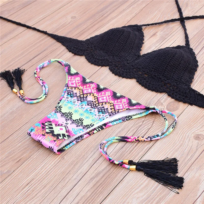 2017 женщин купальники Майо feminino Praia черное бикини крючком Цветочные трусики танга