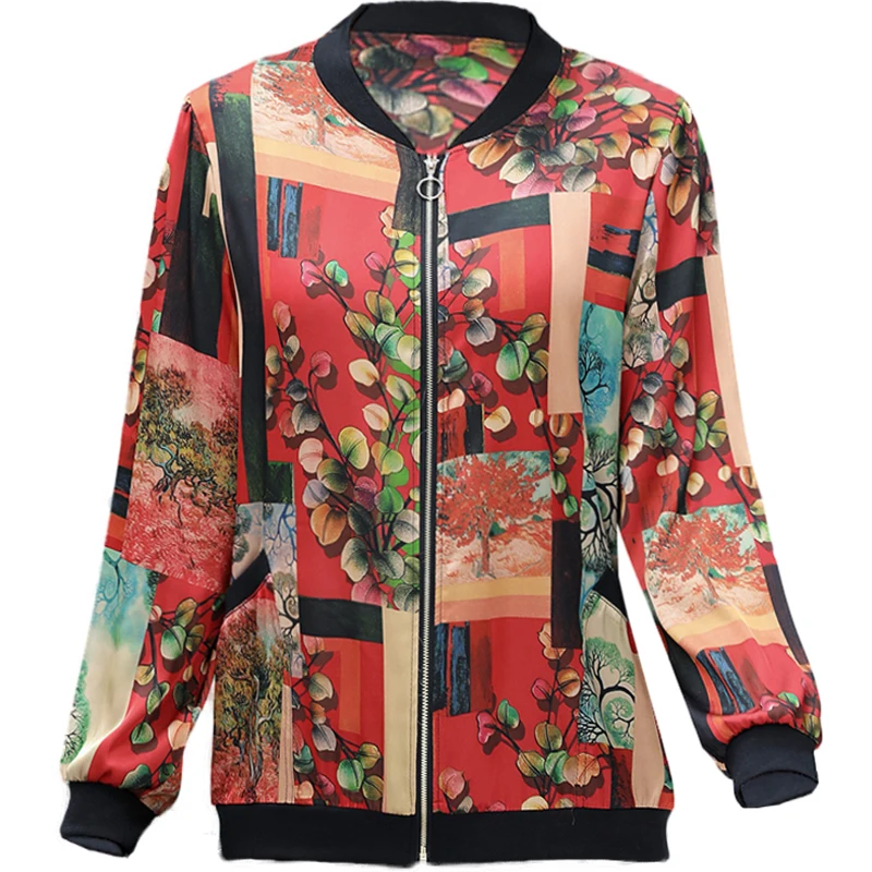 

Silk Short Jacket Stand Collar Long Sleeve Seven-Sleeve Large Size Loose Tops Spring Summer Ms Sunscreen Shirt Baseball Wear