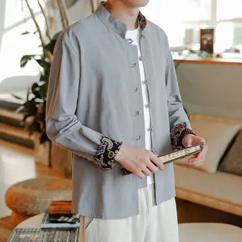 

Chinese Traditional Embroidery Men Slim Fit Shirts Linen Cotton Long Sleeve Kung Fu Tang Suits Plus Size 5XL Luxury Brand Shirt
