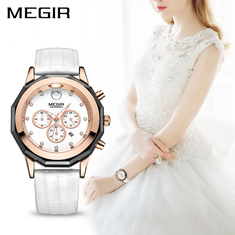 MEGIR Luxury Brand Ladies Watch Chronograph Fashion Leather Wrist Quartz Girl Watch for Women Lovers Dress Watches Clock 2042