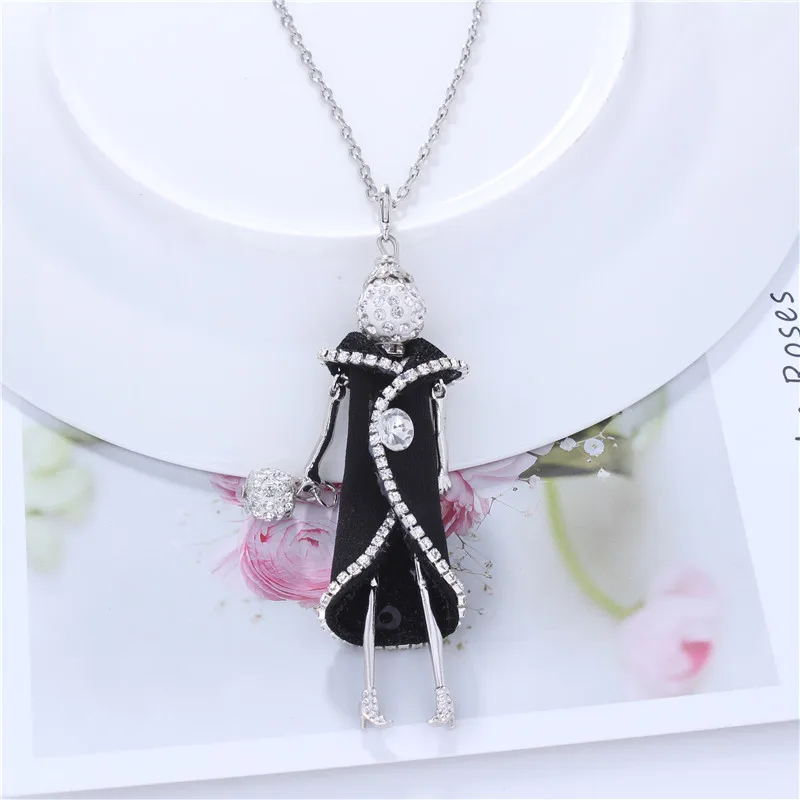 Crystal Button Black White Long Dress Doll Necklace Handmade Paris Girl Statement Jewelry Accessory Long Chain Necklace Bijoux