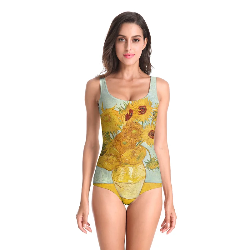

Women Swim Sportswear 2019 Design Beach Wear Van Gogh Sunflower Digital Printed Sleeveless Sexy Bathing Suit One Piece Swimsuit