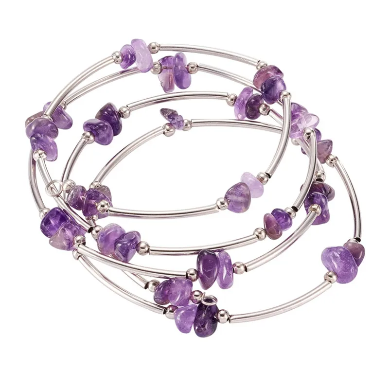 1-strand-2-08-53mm-Womens-5-Loop-Stone-Chip-Warp-Bracelets-Memory-Wire-with-Brass