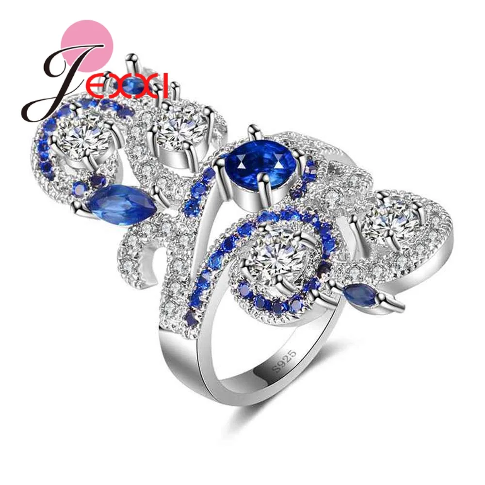 Увеличенное цветочное кольцо с голубым и белым кубическим цирконием, 925 пробы Серебряное ювелирное изделие, модное женское Брендовое кольцо