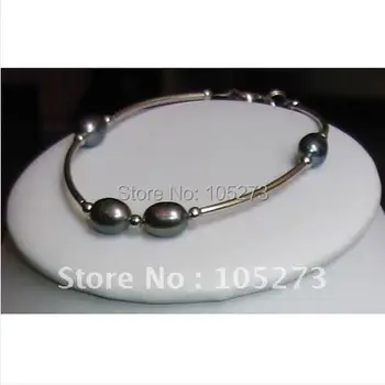 

Pearl Jewelry Black Genuine Freshwater Pearl Bracelet Tible Silvers Oval Classic Cultured Gift AA 4-8MM 7.5inch Free Shipping