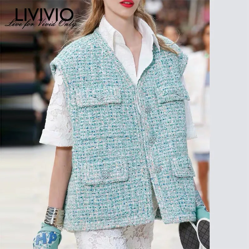 

[LIVIVIO] Autumn Korean Blue Tweed Jacket Coats For Women Long Sleeve Casual Clothing Female Fashion Clothing 2019 New Arrival