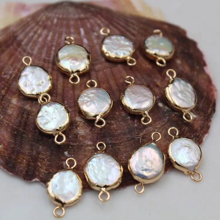 

10 pieces nature biwa pearl cultured freshwater pearl connectors with golden color white pearl good quality
