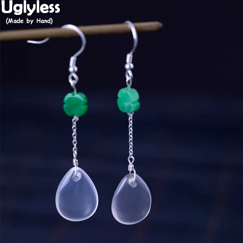 

Uglyless 100% Real Solid 925 Sterling Silver Gemstones Earrings for Women Chalcedony Water Drop Earrings Jade Brincos Bijoux