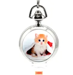Модный дизайн кварц 3,5 см мини кошка Подвеска Эмаль белый сталь зеркальный кулон цепочки и ожерелья карманные часы