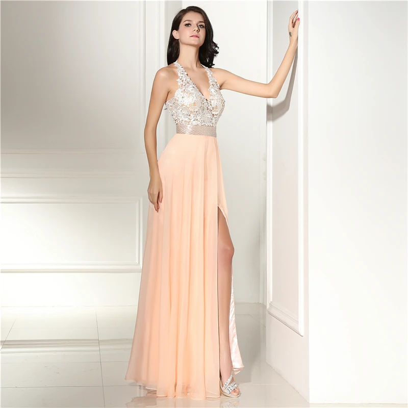 Backless Lace Evening Dresses Long 2018 A-Line V Neck Beaded Champagne High Split Prom Dress Women Formal Prom Evening Gowns