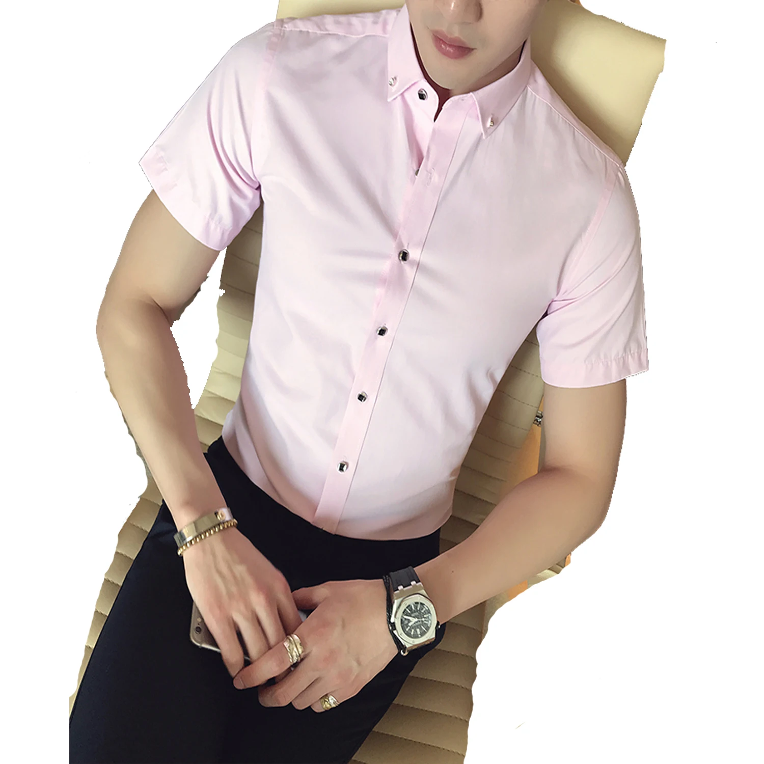 New Summer Fashion White Solid Color Slim Fit Men's Shirt Casual