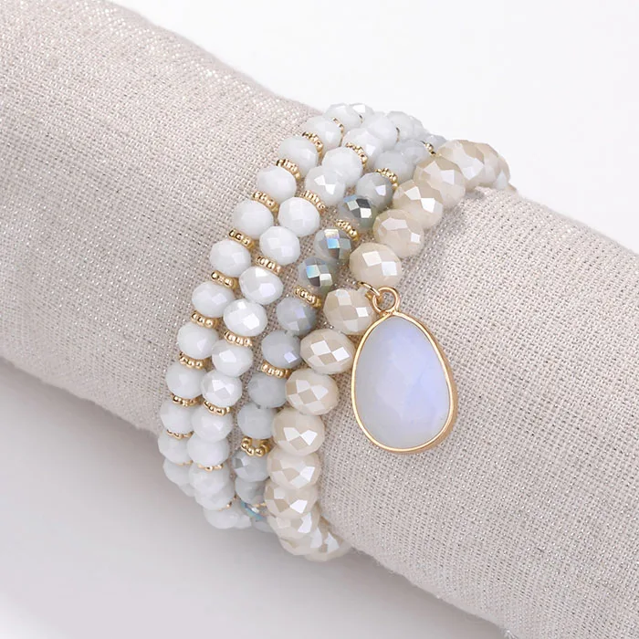 HUIDANG, женский модный браслет с натуральным камнем, браслет с кристаллами из бисера, набор сложенных браслетов - Окраска металла: White