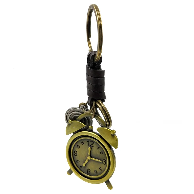 Retro Weave leather keychain series alloy Alarm clock punk leather key ...