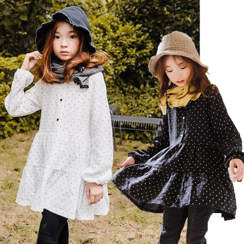 

Kids Dresses For Girls Autumn School White Black 100% Cotton Teenage Shirt Dress Girl Long Sleeve Single Breasted Clothes 2019