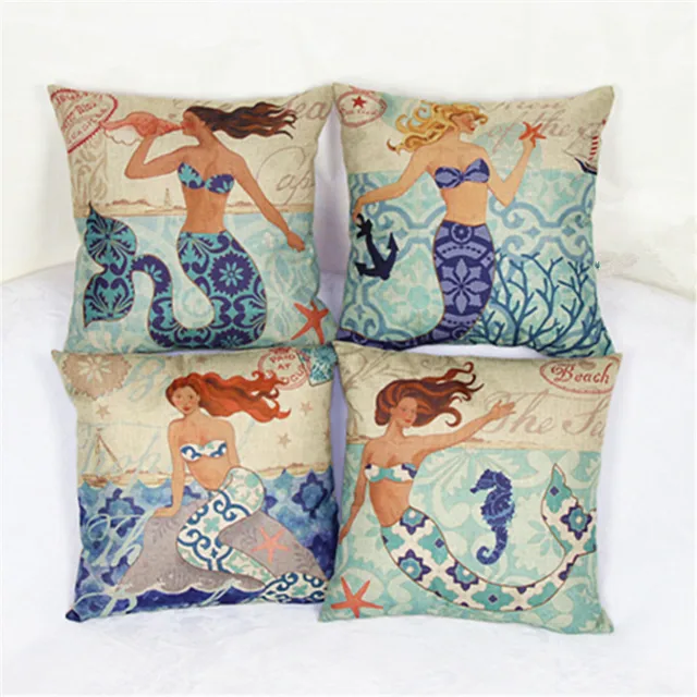 1PC 44*44cm Pretty Mermaids Linen Soft Pillow Cover Cushion Novelty