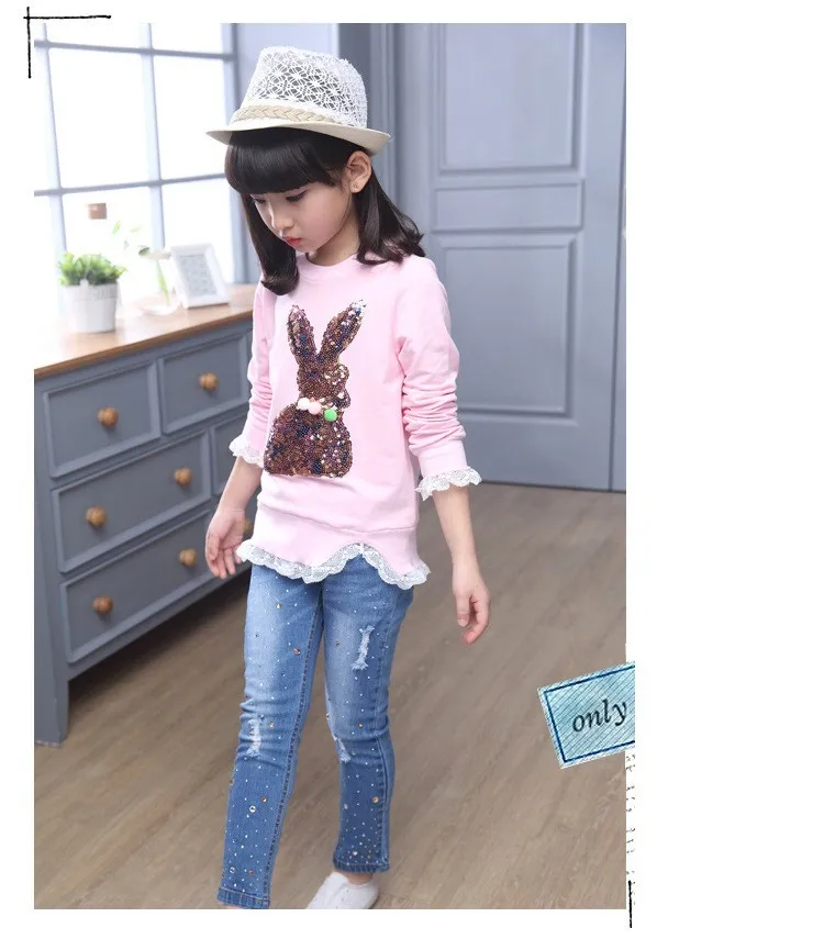 2016 new arrive sequined rebbit charatcer gray pink girls sweatshirt spring long sleeve kids clothes girls tops clothes 8 10 12 14 years girls clothing  6 7 8 9 10 11 12 13 14 15 16 children clothing (15)