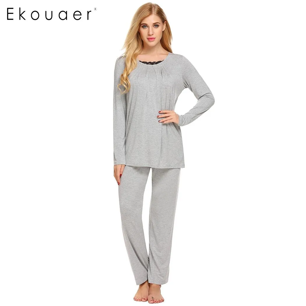 Ekouaer Pajamas Set Women Long Sleeve Pleated Front Shirt