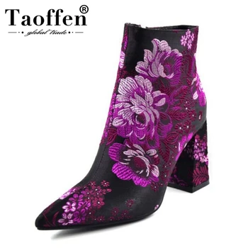 

TAOFFEN Size 34-43 Women High Heel Boots Pointed Toe Print Zipper High Quality Boots Women Vintage Female Footwear