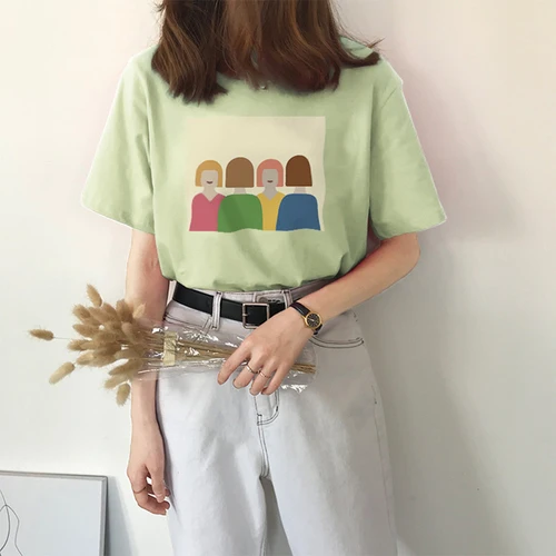 

Character Cartoon Printed Casual Vintage Simple Fresh Cute Basic All Match Street 2019 Hot Sale Female Women O-neck T-shirts